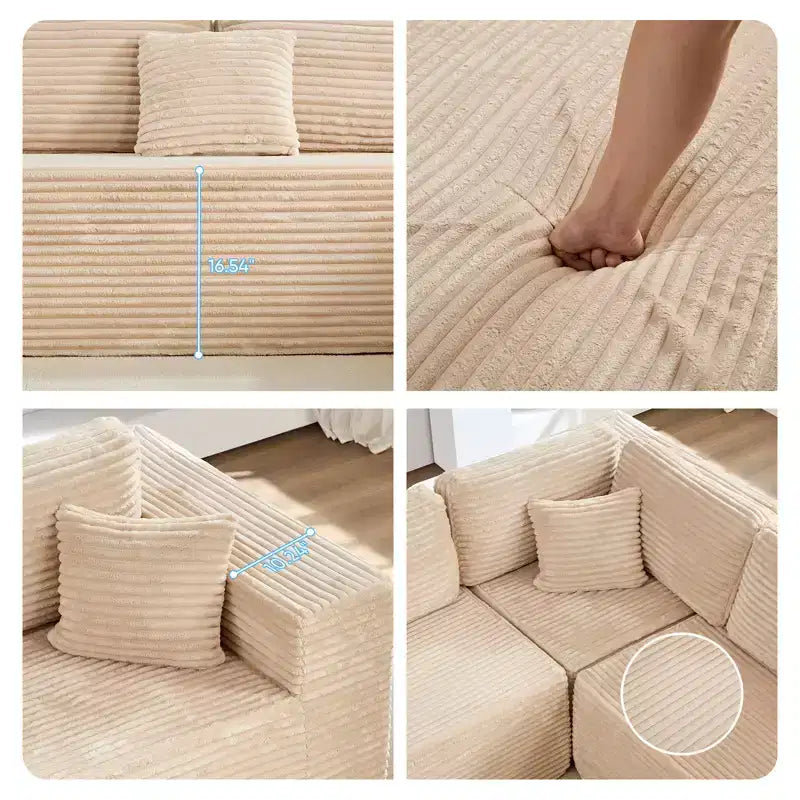 Divano Sezionale a U in Velluto a Coste con Pouf, 8 Posti, Beige/Nero/Grigio Chiaro