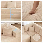 Divano Sezionale a U in Velluto a Coste con Pouf, 8 Posti, Beige/Nero/Grigio Chiaro