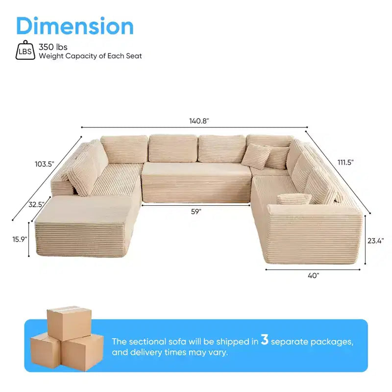 Divano Sezionale a U in Velluto a Coste con Pouf, 8 Posti, Beige/Nero/Grigio Chiaro