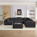 Divano Sezionale a U in Velluto a Coste con Pouf, 8 Posti, Beige/Nero/Grigio Chiaro
