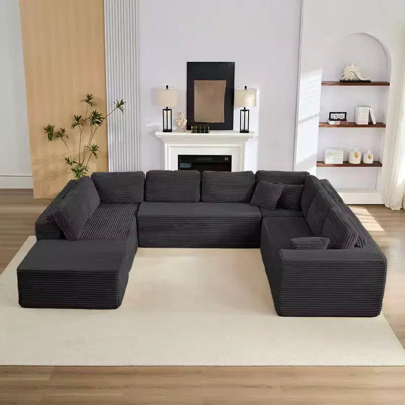 Divano Sezionale a U in Velluto a Coste con Pouf, 8 Posti, Beige/Nero/Grigio Chiaro
