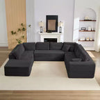 Divano Sezionale a U in Velluto a Coste con Pouf, 8 Posti, Beige/Nero/Grigio Chiaro