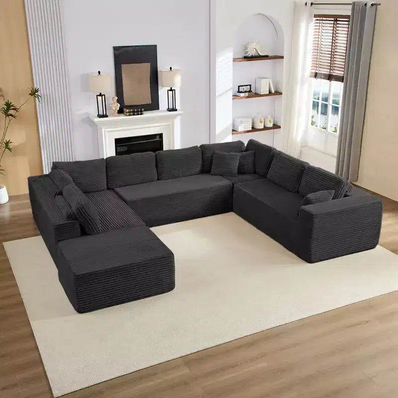 Divano Sezionale a U in Velluto a Coste con Pouf, 8 Posti, Beige/Nero/Grigio Chiaro