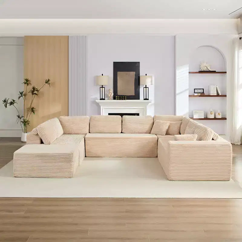 Divano Sezionale a U in Velluto a Coste con Pouf, 8 Posti, Beige/Nero/Grigio Chiaro