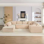 Divano Sezionale a U in Velluto a Coste con Pouf, 8 Posti, Beige/Nero/Grigio Chiaro