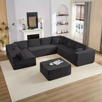 Divano Sezionale a U in Velluto a Coste con Pouf, 8 Posti, Beige/Nero/Grigio Chiaro