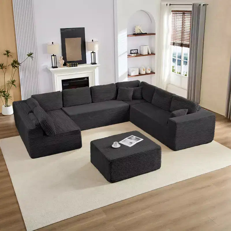 Divano Sezionale a U in Velluto a Coste con Pouf, 8 Posti, Beige/Nero/Grigio Chiaro