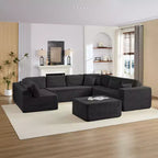 Divano Sezionale a U in Velluto a Coste con Pouf, 8 Posti, Beige/Nero/Grigio Chiaro