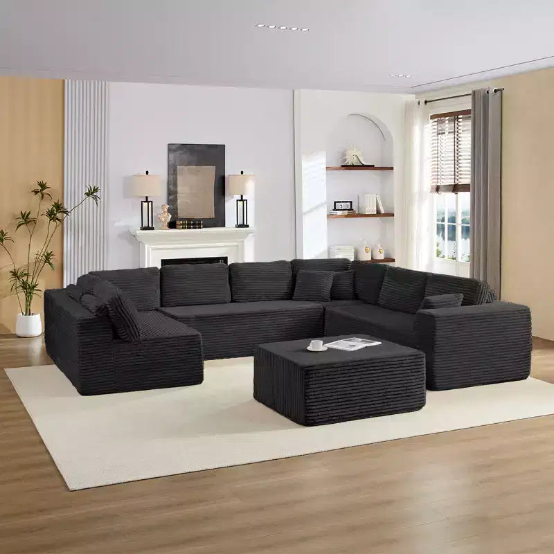Divano Sezionale a U in Velluto a Coste con Pouf, 8 Posti, Beige/Nero/Grigio Chiaro