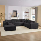 Divano Sezionale a U in Velluto a Coste con Pouf, 8 Posti, Beige/Nero/Grigio Chiaro