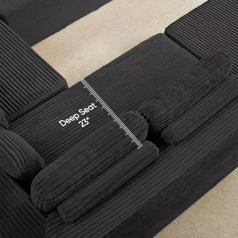 Divano Sezionale a U in Velluto a Coste con Pouf, 8 Posti, Beige/Nero/Grigio Chiaro