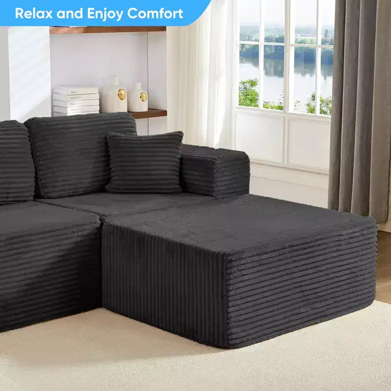 Divano Sezionale a U in Velluto a Coste con Pouf, 8 Posti, Beige/Nero/Grigio Chiaro