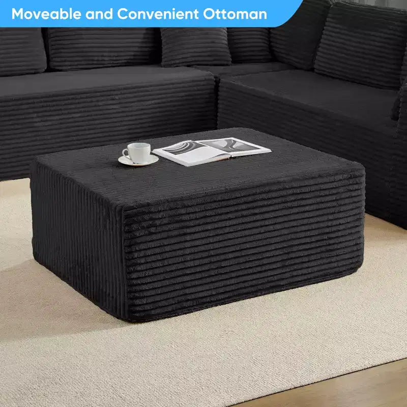 Divano Sezionale a U in Velluto a Coste con Pouf, 8 Posti, Beige/Nero/Grigio Chiaro