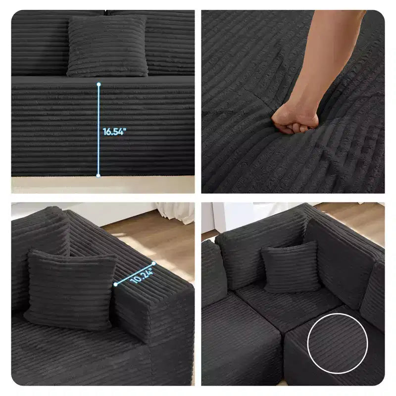 Divano Sezionale a U in Velluto a Coste con Pouf, 8 Posti, Beige/Nero/Grigio Chiaro