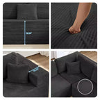 Divano Sezionale a U in Velluto a Coste con Pouf, 8 Posti, Beige/Nero/Grigio Chiaro