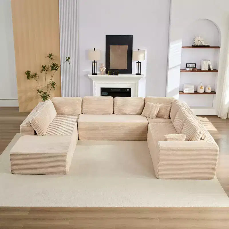 Divano Sezionale a U in Velluto a Coste con Pouf, 8 Posti, Beige/Nero/Grigio Chiaro