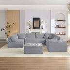 Divano Sezionale a U in Velluto a Coste con Pouf, 8 Posti, Beige/Nero/Grigio Chiaro
