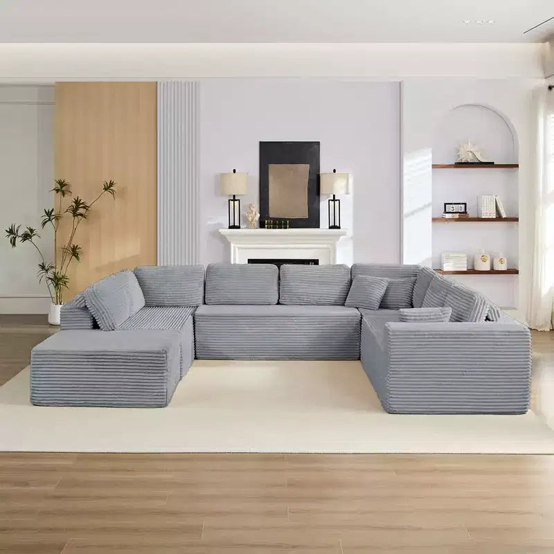 Divano Sezionale a U in Velluto a Coste con Pouf, 8 Posti, Beige/Nero/Grigio Chiaro