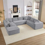 Divano Sezionale a U in Velluto a Coste con Pouf, 8 Posti, Beige/Nero/Grigio Chiaro