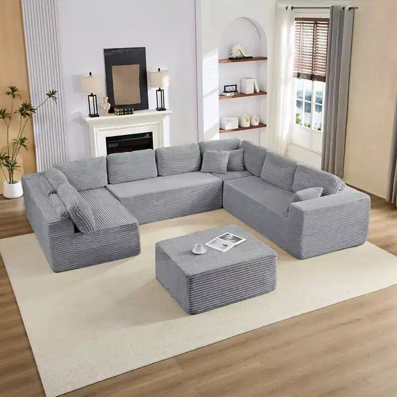 Divano Sezionale a U in Velluto a Coste con Pouf, 8 Posti, Beige/Nero/Grigio Chiaro