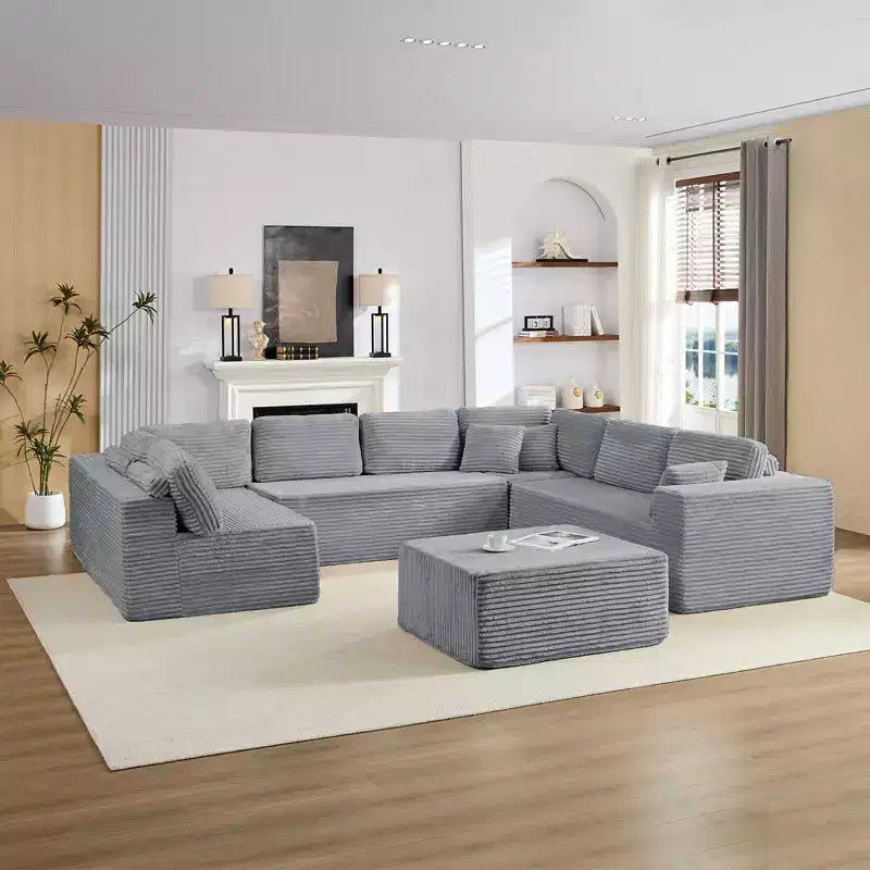 Divano Sezionale a U in Velluto a Coste con Pouf, 8 Posti, Beige/Nero/Grigio Chiaro