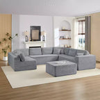 Divano Sezionale a U in Velluto a Coste con Pouf, 8 Posti, Beige/Nero/Grigio Chiaro