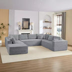 Divano Sezionale a U in Velluto a Coste con Pouf, 8 Posti, Beige/Nero/Grigio Chiaro
