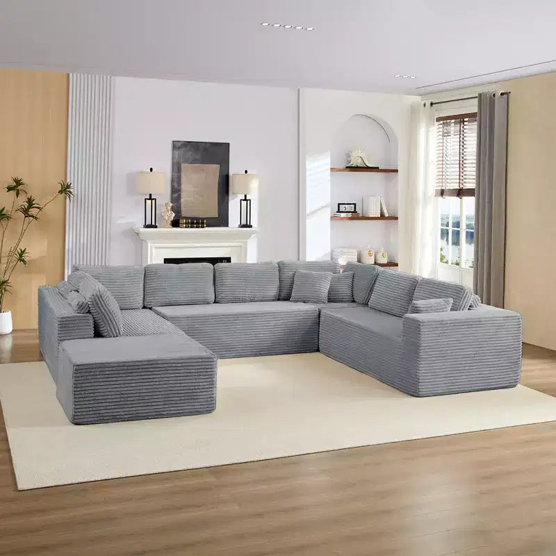 Divano Sezionale a U in Velluto a Coste con Pouf, 8 Posti, Beige/Nero/Grigio Chiaro