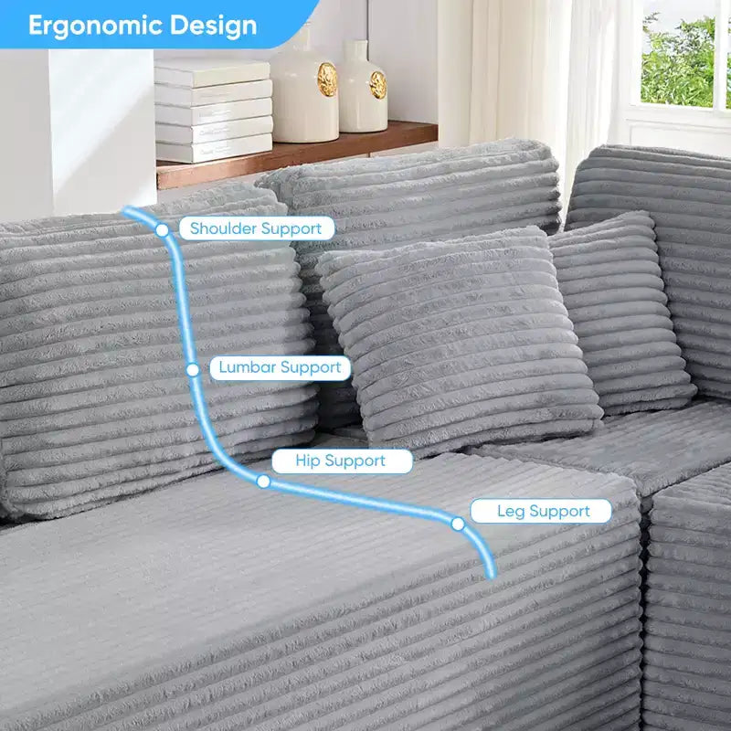 Divano Sezionale a U in Velluto a Coste con Pouf, 8 Posti, Beige/Nero/Grigio Chiaro