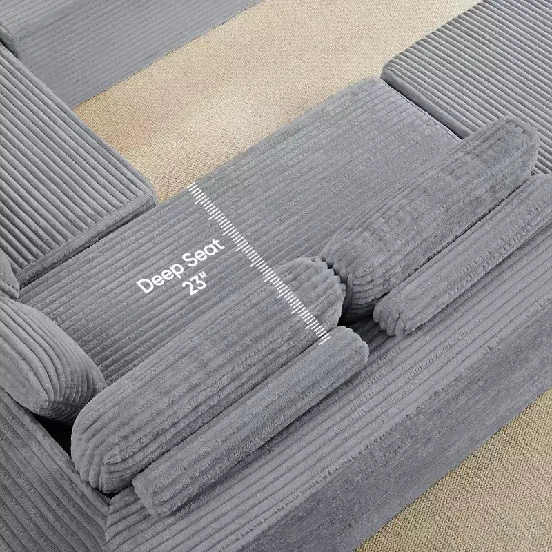 Divano Sezionale a U in Velluto a Coste con Pouf, 8 Posti, Beige/Nero/Grigio Chiaro