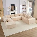 Divano Sezionale a U in Velluto a Coste con Pouf, 8 Posti, Beige/Nero/Grigio Chiaro