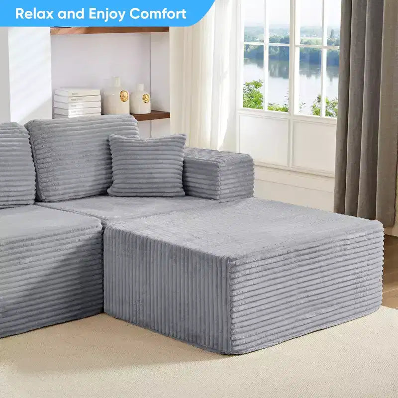 Divano Sezionale a U in Velluto a Coste con Pouf, 8 Posti, Beige/Nero/Grigio Chiaro
