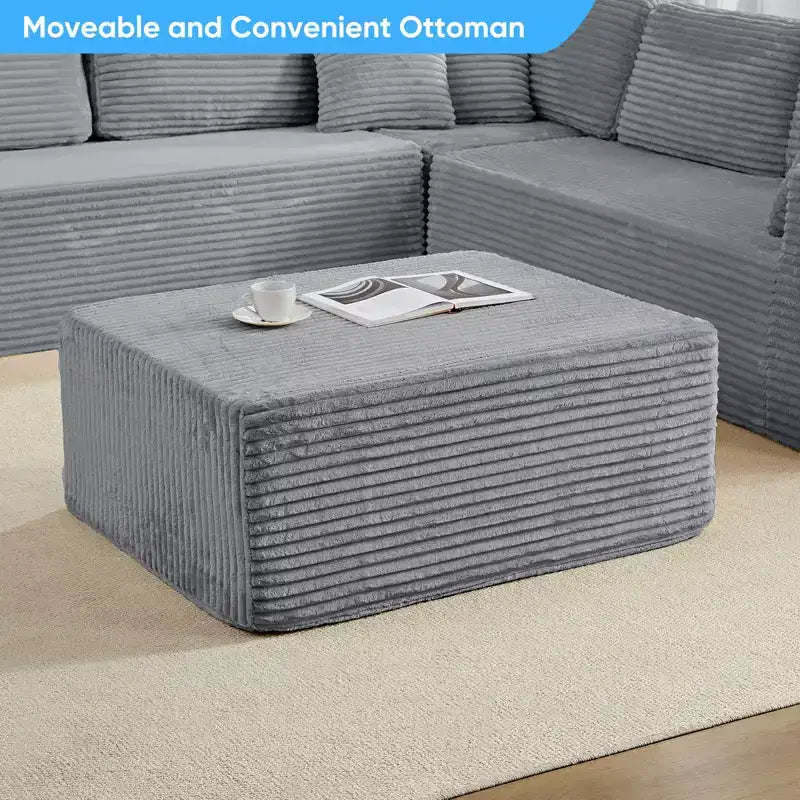 Divano Sezionale a U in Velluto a Coste con Pouf, 8 Posti, Beige/Nero/Grigio Chiaro