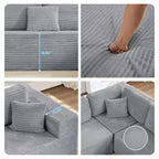 Divano Sezionale a U in Velluto a Coste con Pouf, 8 Posti, Beige/Nero/Grigio Chiaro