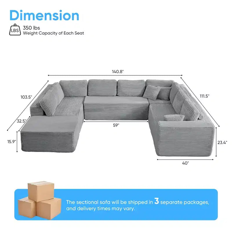 Divano Sezionale a U in Velluto a Coste con Pouf, 8 Posti, Beige/Nero/Grigio Chiaro