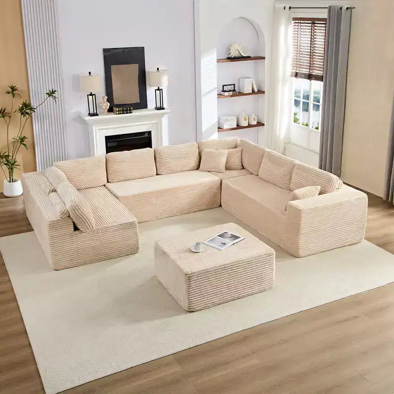 Divano Sezionale a U in Velluto a Coste con Pouf, 8 Posti, Beige/Nero/Grigio Chiaro