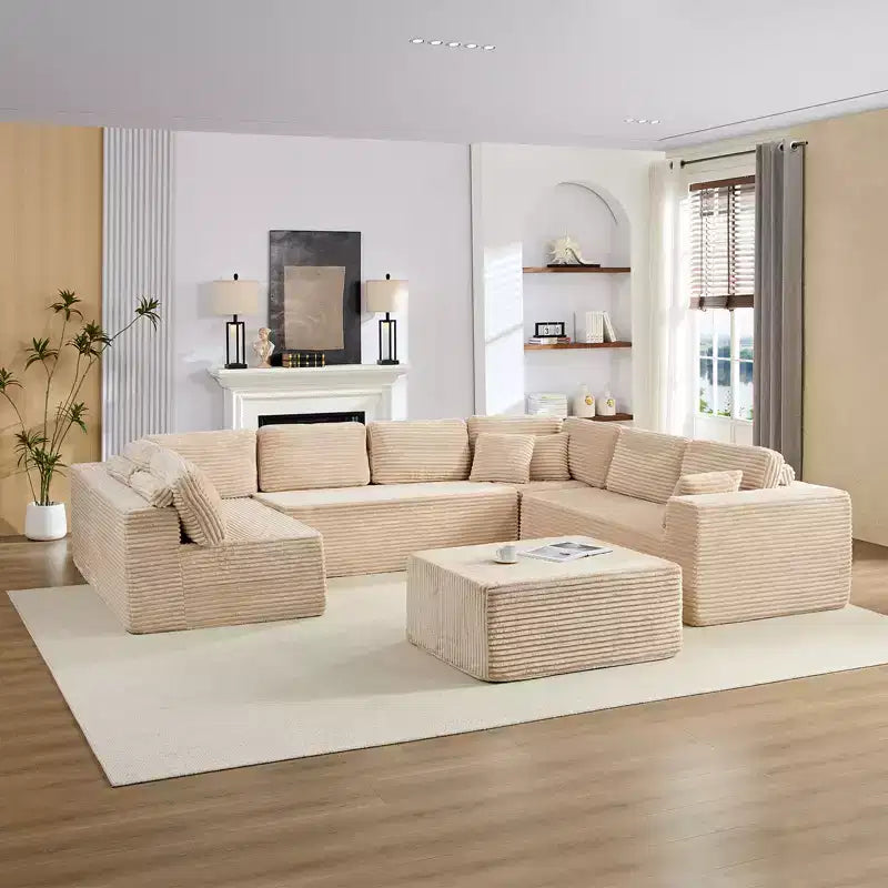 Divano Sezionale a U in Velluto a Coste con Pouf, 8 Posti, Beige/Nero/Grigio Chiaro