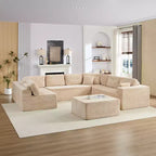 Divano Sezionale a U in Velluto a Coste con Pouf, 8 Posti, Beige/Nero/Grigio Chiaro
