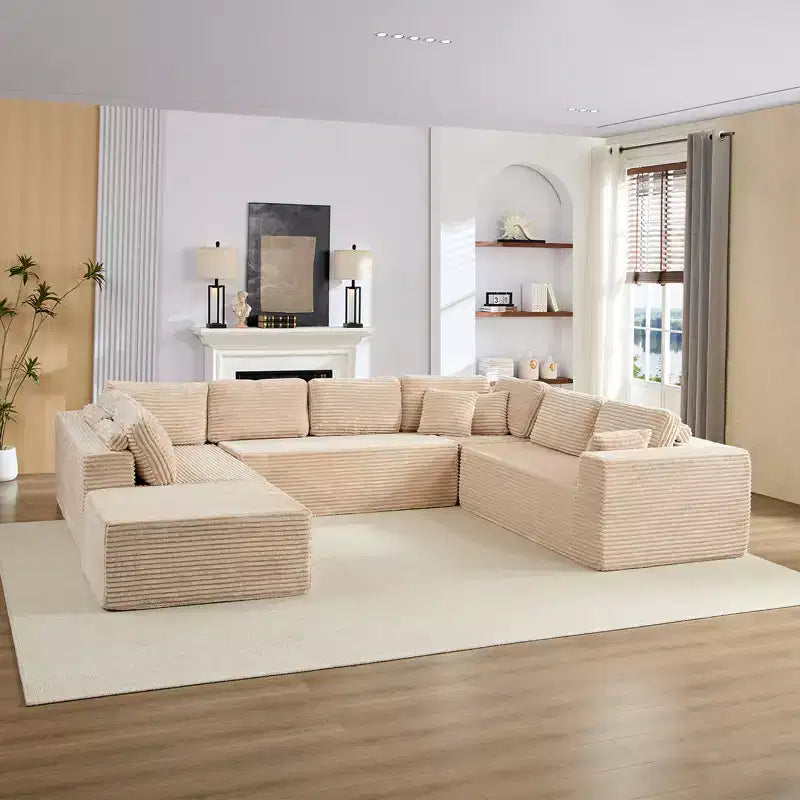 Divano Sezionale a U in Velluto a Coste con Pouf, 8 Posti, Beige/Nero/Grigio Chiaro
