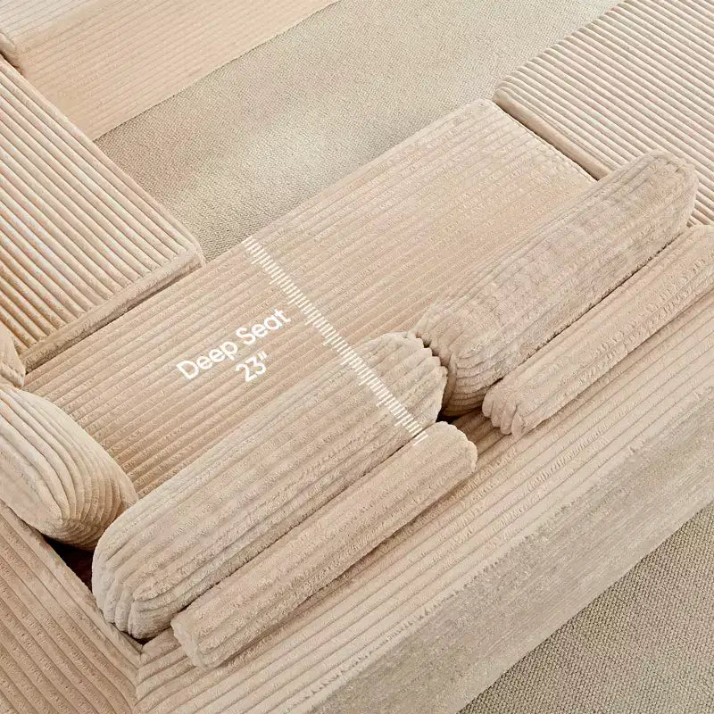 Divano Sezionale a U in Velluto a Coste con Pouf, 8 Posti, Beige/Nero/Grigio Chiaro