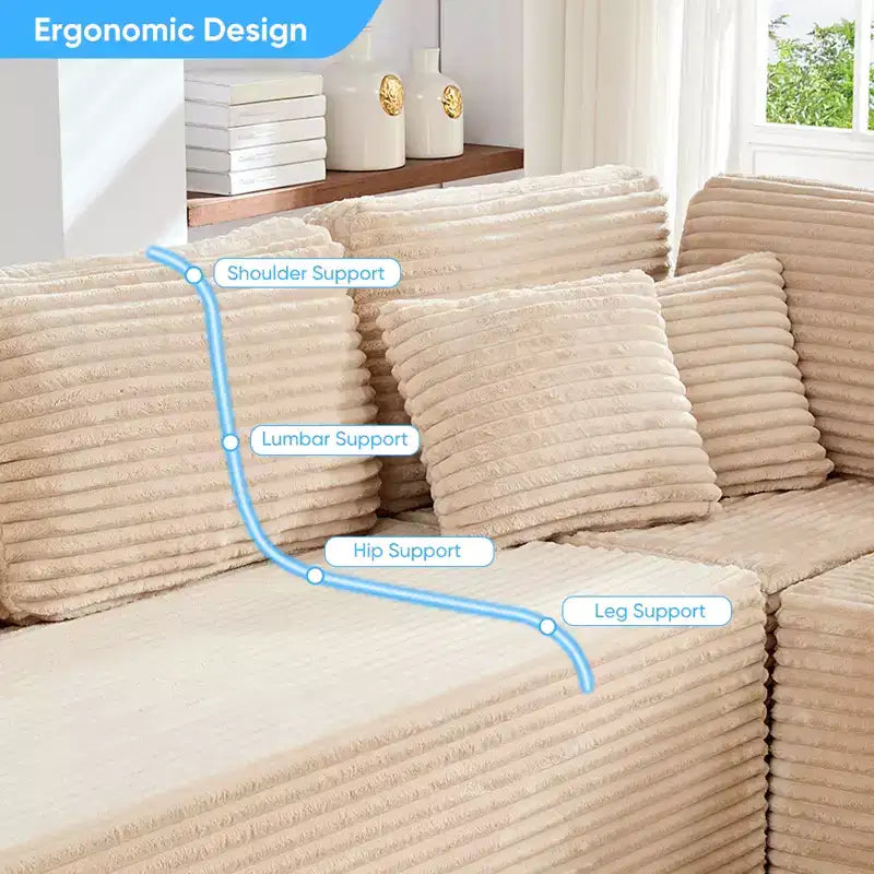 Divano Sezionale a U in Velluto a Coste con Pouf, 8 Posti, Beige/Nero/Grigio Chiaro