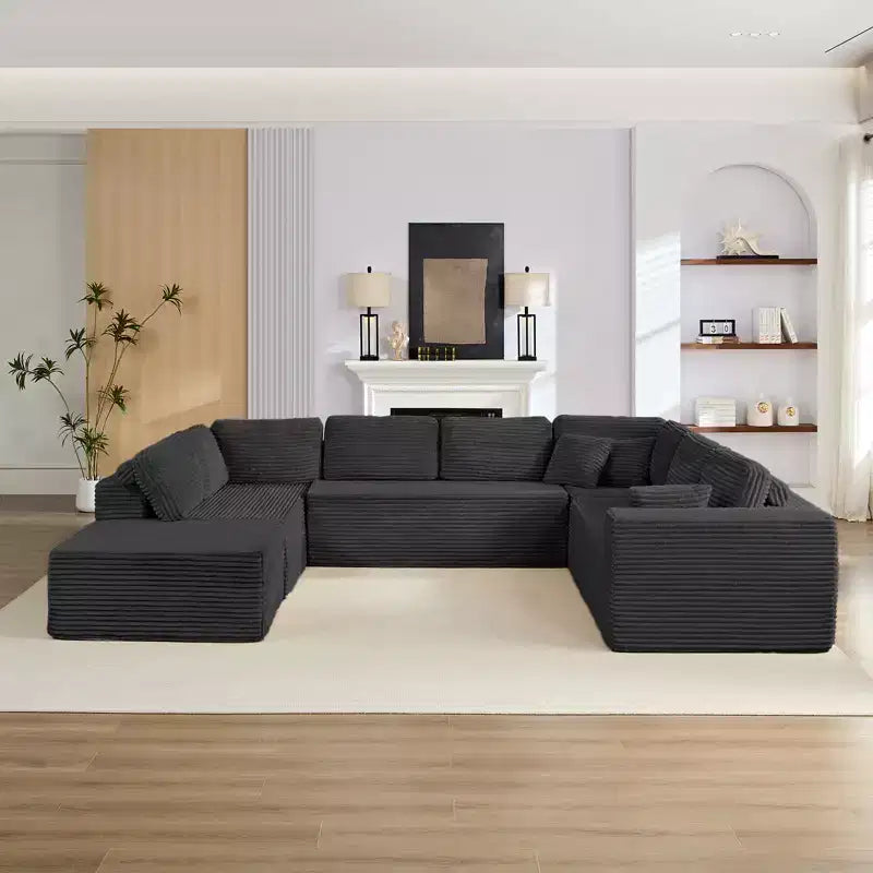 Divano Sezionale a U in Velluto a Coste con Pouf, 8 Posti, Beige/Nero/Grigio Chiaro
