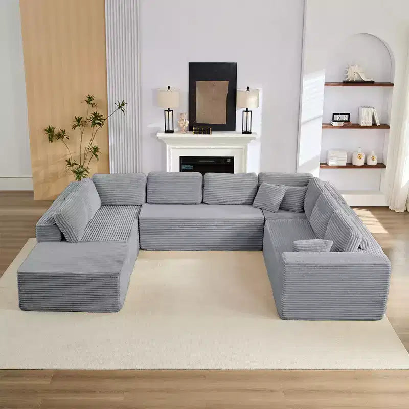 Divano Sezionale a U in Velluto a Coste con Pouf, 8 Posti, Beige/Nero/Grigio Chiaro