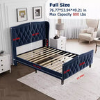 Struttura letto imbottita con testiera ad ali in velluto beige/blu – Queen, adatta a 2 persone