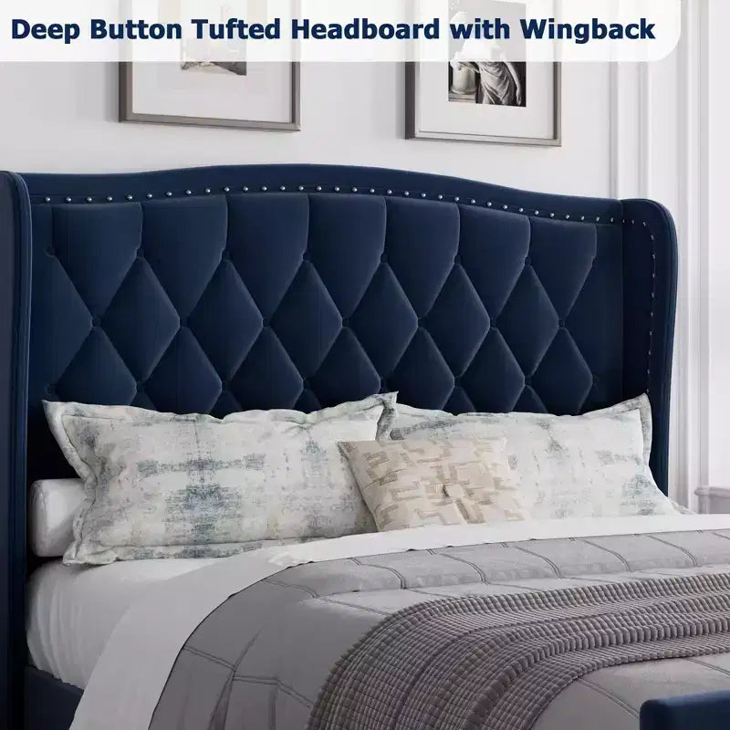 Struttura letto imbottita con testiera ad ali in velluto beige/blu – Queen, adatta a 2 persone