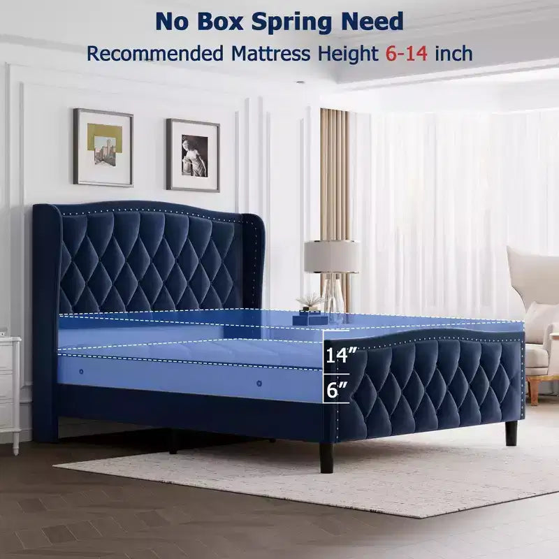 Struttura letto imbottita con testiera ad ali in velluto beige/blu – Queen, adatta a 2 persone