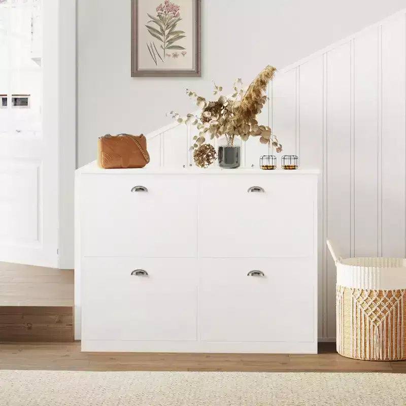 MAYEERTY Shoe Cabinet Hidden Slim Narrow Shoe Rack Cabinet with 4 Drawers for Hallway White