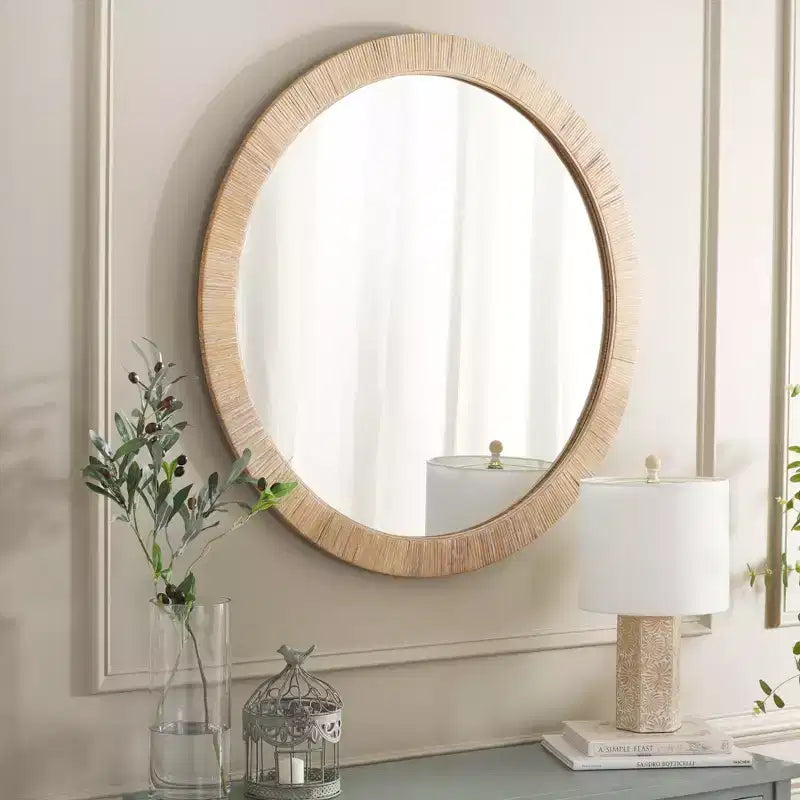 Specchio da parete rotondo naturale, cornice in MDF, singolo, 91 cm