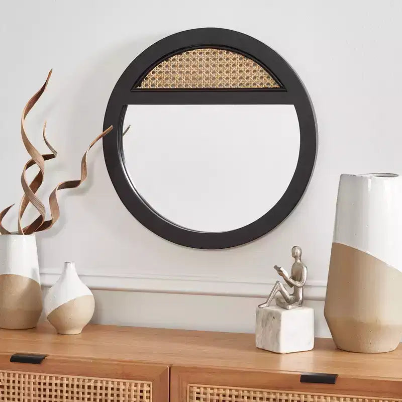 Specchio da parete rotondo nero/naturale e naturale, 1 persona, 44,5 x 44,5 cm