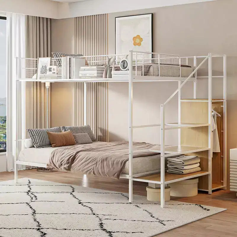 Letto a Castello in Metallo Nero/Bianco Matrimoniale a Piattaforma con Scala Contenitore e Guardaroba, 2 Posti